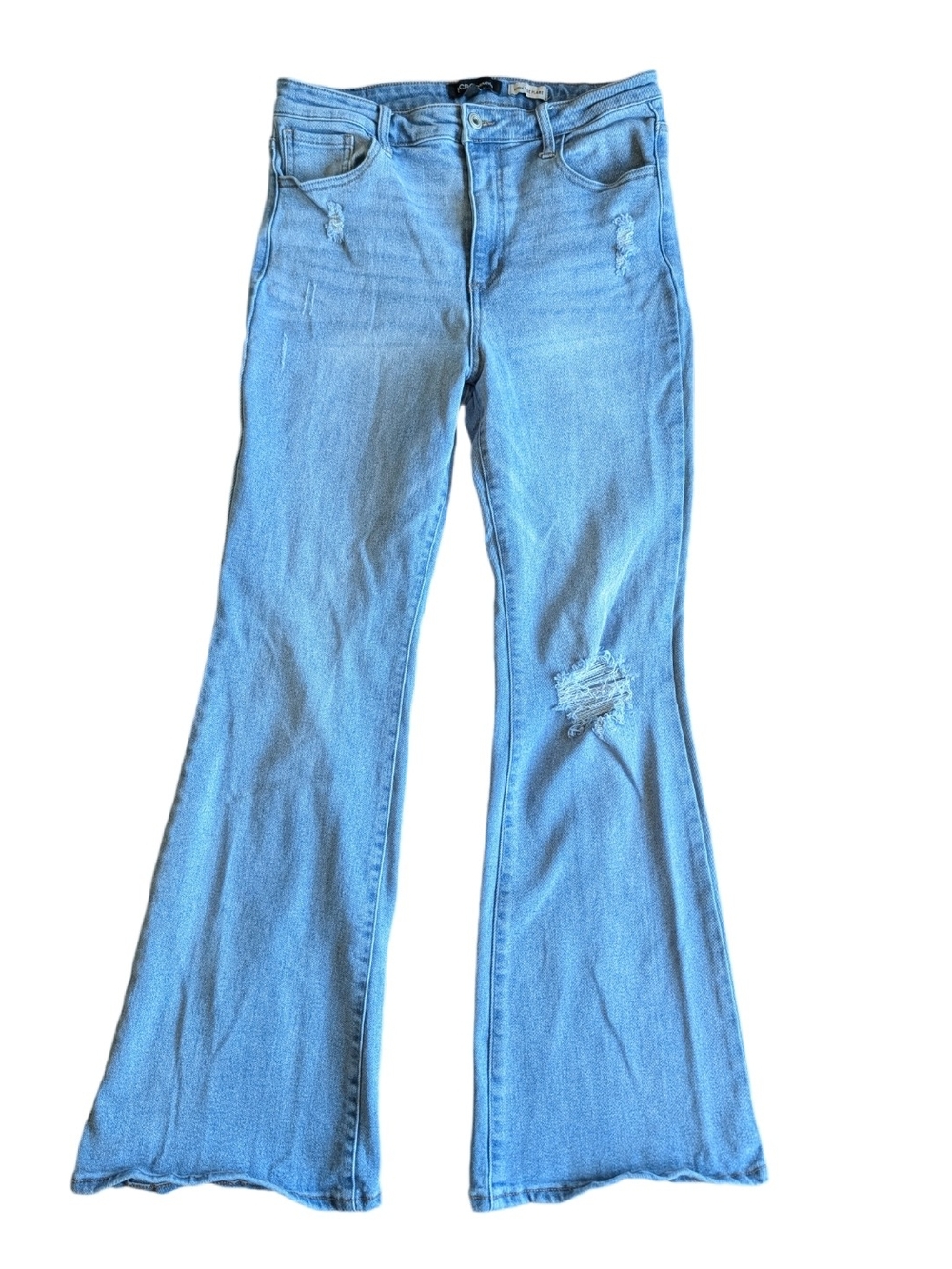 Women's 70s High Rise Flare Distressed Denim Jeans in Blue Size 13/31